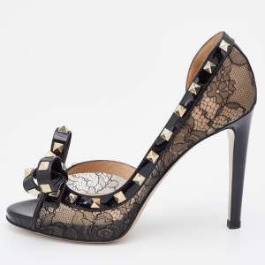 Pre Owned Valentino Black Lace and Patent Leather Studded Bow D'orsay Peep Toe Pumps Size 38