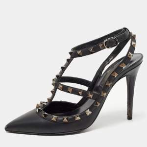 Pre Owned Valentino Black Leather Rockstud Ankle Strap Pumps Size 37