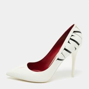 Pre Owned Valentino White Patent Leather VLTN Pointed Toe Pumps Size 37.5 