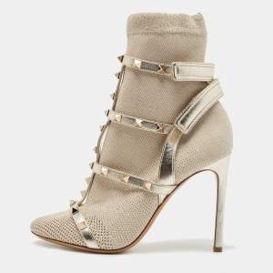 Pre Owned Valentino Silver Stretch Knit and Leather Rockstud Bodytech Ankle Boots Size 37