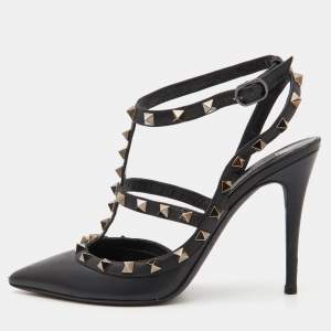 Pre Owned Valentino Black Leather Rockstud Ankle Strap Pumps Size 37