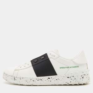 Pre Owned Valentino White/Black Leather Open For A Change Rockstud Sneakers Size 38.5