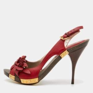 Pre Owned Valentino Red Leather Floral Applique Slingback Sandals Size 36