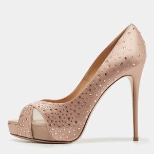 Pre Owned Valentino Pink Satin Crystal Embellished Open Toe Pumps Size 38
