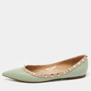 Pre Owned Valentino Light Green Leather Rockstud Ballet Flats Size 38.5