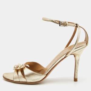 Pre Owned Valentino Gold Foil Leather Bow Ankle Strap Sandals Size 37
