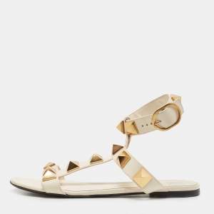 Valentino Cream Leather Roman Stud Ankle Strap Flats Sandals Size 38.5