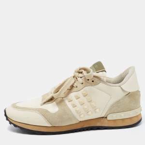 Pre Owned Valentino Cream/Grey Leather and Suede Rockstud Sneakers Size 37