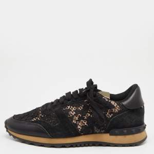 Pre Owned Valentino Black Lace,Suede and Leather Rockrunner Sneakers Size 38