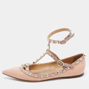 Pre Owned Valentino Pink Patent Leather Rockstud Ankle Strap Ballet Flats Size 37.5
