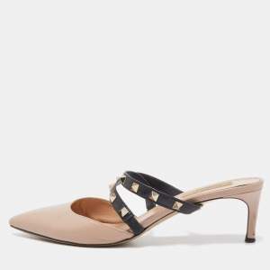 Pre Owned Valentino Beige Leather Rockstud  Mules Size 39