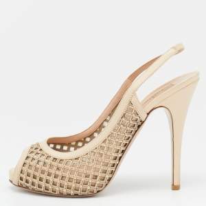 Pre Owned Valentino Beige Lattice Leather And Mesh Studded Slingback Platform Pumps Size 39