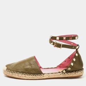 Pre Owned Valentino Dark Green Leather Rockstud Espadrille Flats Size 39
