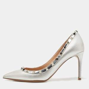 Pre Owned Valentino Silver Foil Leather Rockstud Pointed Toe Pumps Size 37.5