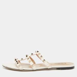 Pre Owned Valentino White Leather Rockstud Slide Flats Size 37