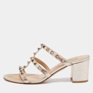 Valentino Gold Leather Rockstud Slide Sandals Size 37