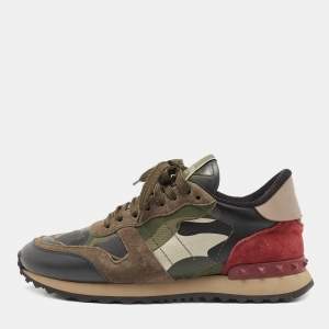 Pre Owned Valentino Multicolor Leather and Canvas Rockrunner Camouflage Low Top Sneakers Size 37.5