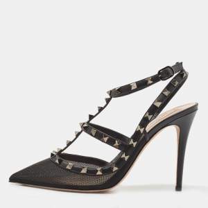 Pre Owned Valentino Black Mesh and Leather Rockstud Ankle Strap Pumps Size 40