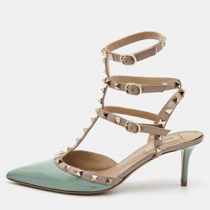 Pre Owned Valentino Blue/Beige Patent and Leather Rockstud Pumps Size 40