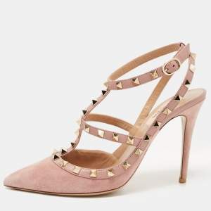 Pre Owned Valentino Beige Leather and Suede Rockstud Ankle Strap Pumps Size 40