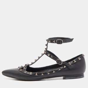 Pre Owned Valentino Black Leather Rockstud Ankle Strap Ballet Flats Size 39