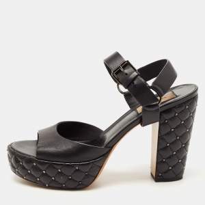 Pre Owned Valentino Black Leather Rockstud  Ankle Strap Sandals Size 38.5