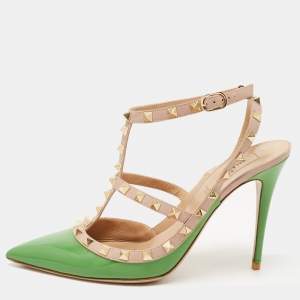 Pre Owned Valentino Green/Beige Patent and Leather Rockstud Pumps Size 40.5