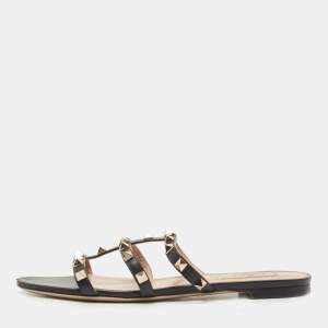 Pre Owned Valentino Black Leather Rockstud Flat Slides Size 38
