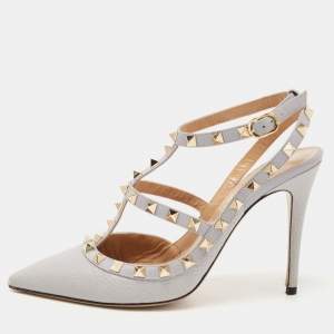 Pre Owned Valentino Grey Leather Rockstud Ankle Strap Pumps Size 38