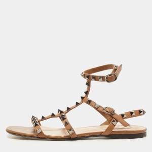 Pre Owned Valentino Brown Leather Rockstud Ankle Strap Flat Sandals Size 38
