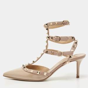 Pre Owned Valentino Two Tone Patent and Leather Rockstud Ankle Strap Pumps Size 37