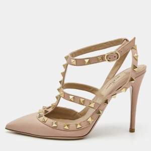 Pre Owned Valentino Pink Leather Rockstud Ankle Strap Pumps Size 36