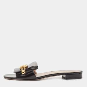 Pre Owned Valentino Black Patent Leather V Club Logo Flat Slides Size 41