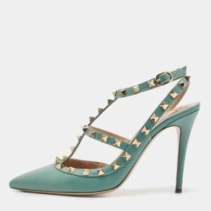 Pre Owned Valentino Green Leather Rockstud Strappy Pointed Toe Pumps Size 39