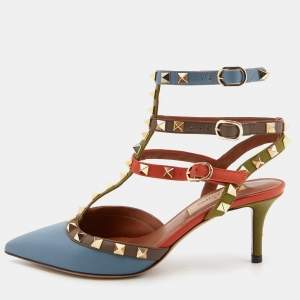 Pre Owned Valentino Multicolor Leather Rockstud Ankle Strap Pumps Size 35.5