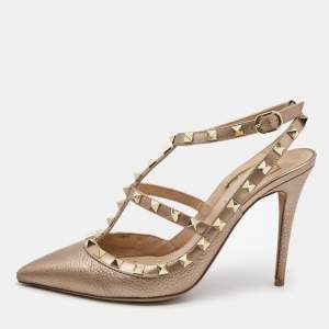 Pre Owned Valentino Metallic Leather Rockstud Strappy Pointed Toe Pumps Size 39