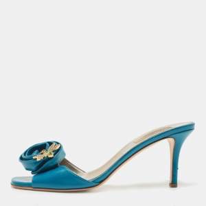 Pre Owned Valentino Blue Leather Rose Embellished Slide Sandals Size 39.5