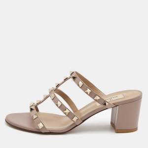 Pre Owned Valentino Pink Leather Rockstud Strappy Block Heel Sandals Size 37.5