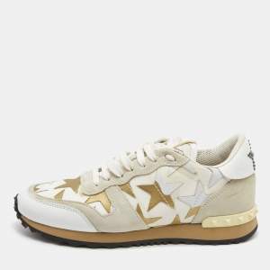 Pre Owned Valentino Two Tone Canvas and Leather Camustars Rockrunner Sneakers Size 39