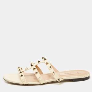 Pre Owned Valentino Off White Patent Leather Rockstud Flat Slides Size 36