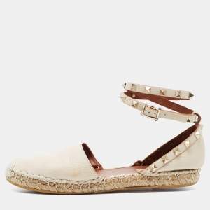 Pre Owned Valentino Cream Leather Rockstud Espadrille Ankle Strap Flats Size 38
