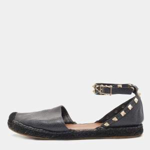 Pre Owned Valentino Black Leather Rockstud Flat Espadrilles Size 39