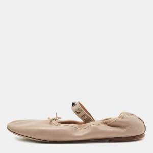 Pre Owned Valentino Dusty Pink Leather Rockstud Mary Jane Bow Ballet Flats Size 36