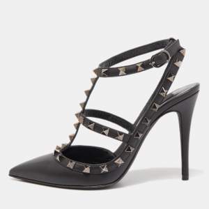 Pre Owned Valentino Black Leather Rockstud Strappy Pumps Size 37