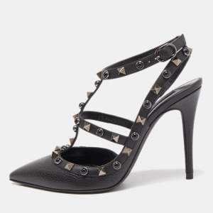 Pre Owned Valentino Black Leather Rockstud Strappy Pointed Toe Pumps Size 36.5