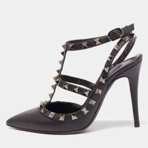 Pre Owned Valentino Black Leather Rockstud Strappy Pointed Toe Pumps Size 34