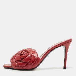 Pre Owned Valentino Red Leather Rose Atelier Slide Sandals Size 36.5