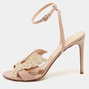 Pre Owned Valentino Dusty Pink Leather Crystal Embellished Angelicouture Ankle Strap Sandals Size 40.5