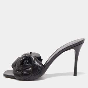 Pre Owned Valentino Black Flower Detail Leather Slide Sandals Size 39
