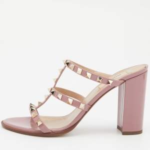 Pre Owned Valentino Pink Patent Leather Rockstud Caged Slide Sandals Size 40